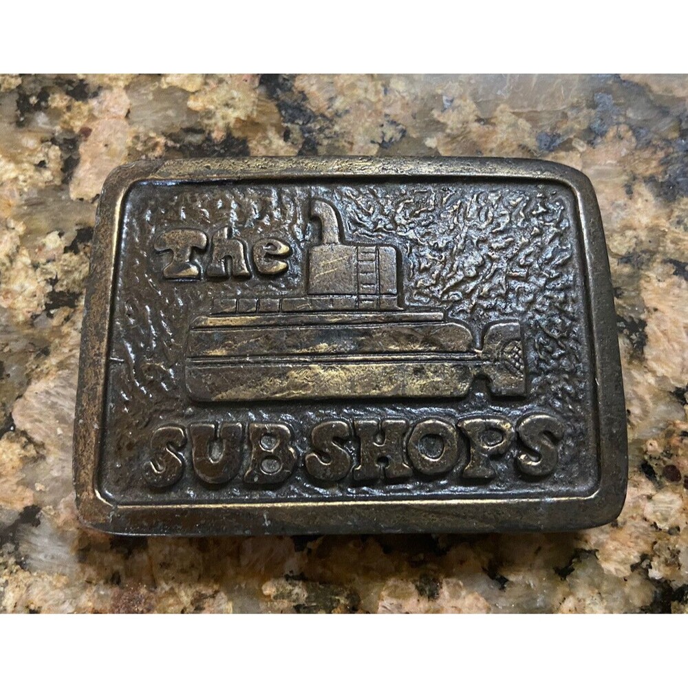 Vintage 1970s THE SUBSHOPS Submarine Sandwich Shop Brass Belt Buckle Rare